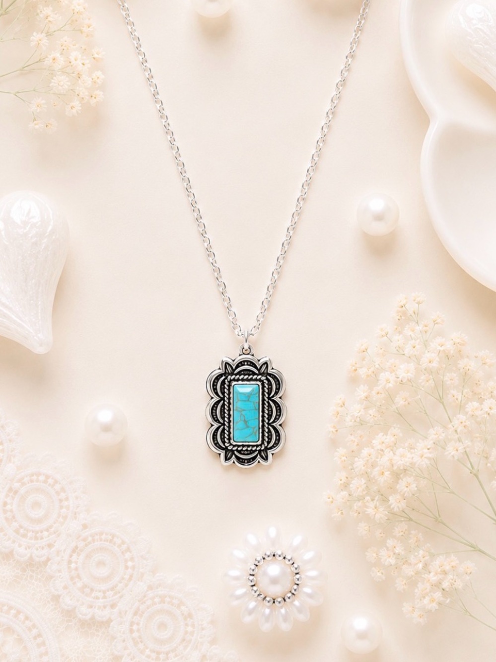 Turquoise Stone Silver-Tone Pendant Necklace - Women Jewelry